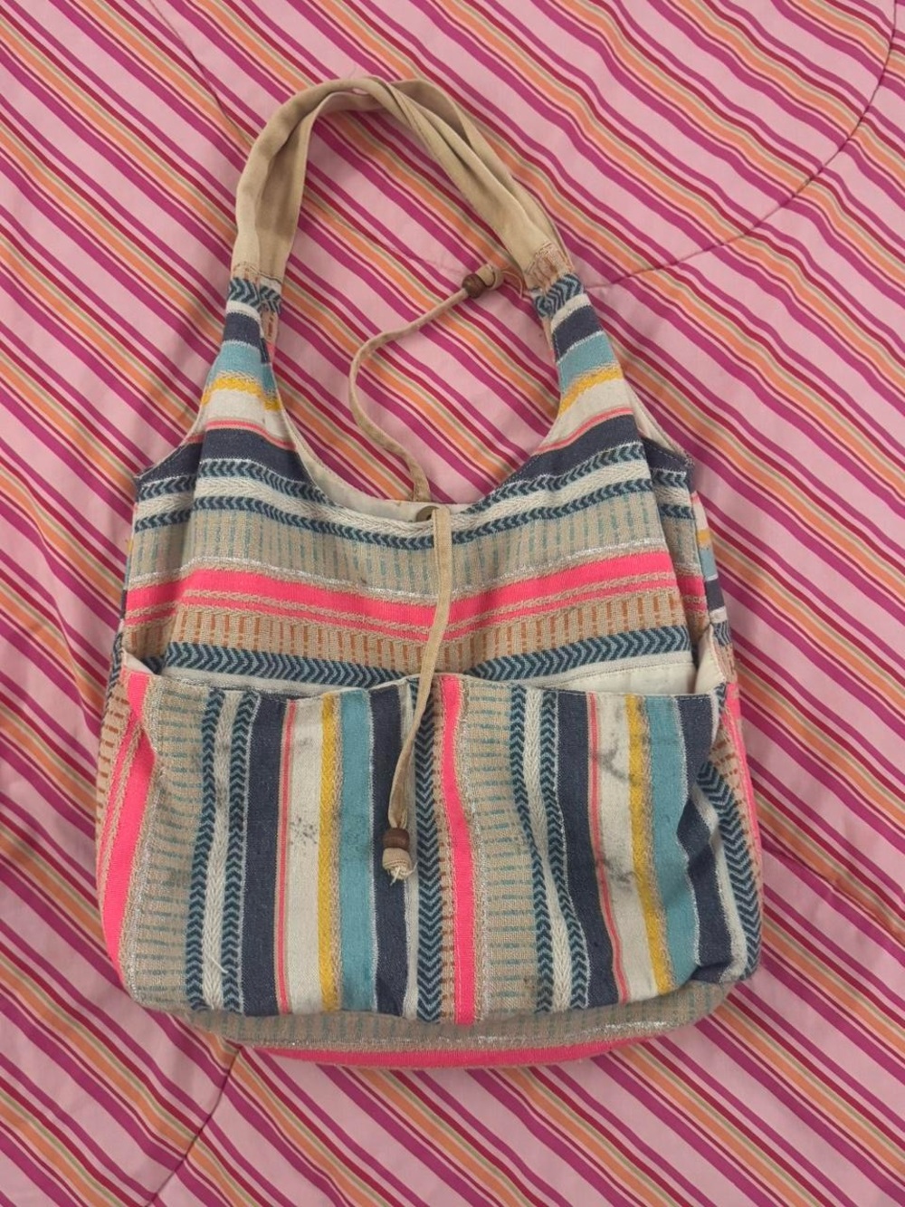 Vintage Striped Tote Bag with Pockets
